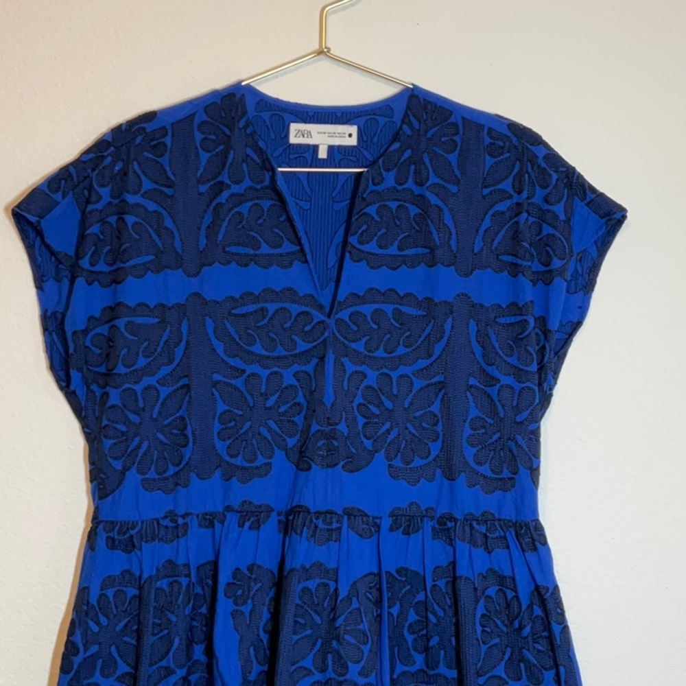 Zara Blue Black Embroidered V Neck Mini Dress XS - Picture 2 of 8